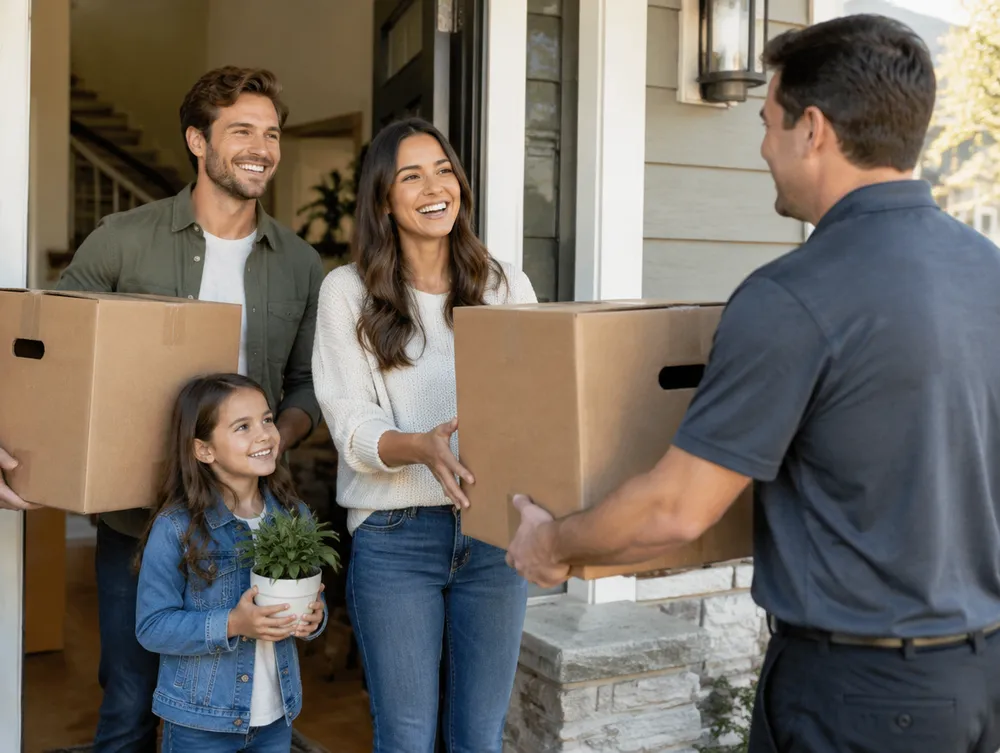 Nova mover delivering boxes to a family at their new home