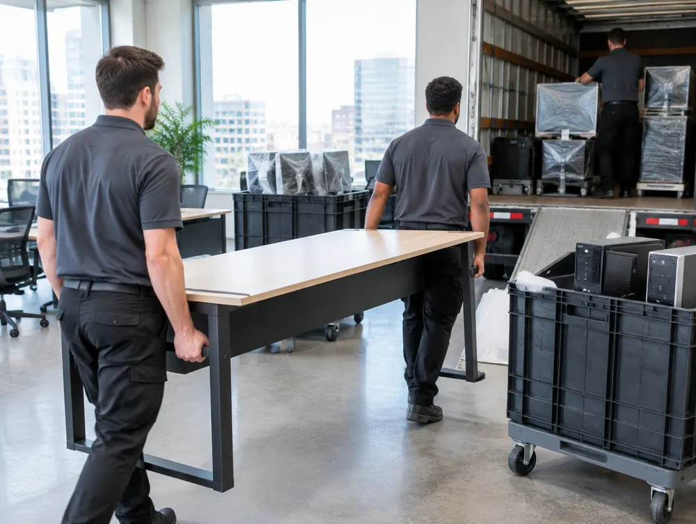 Movers relocating office desks and computers